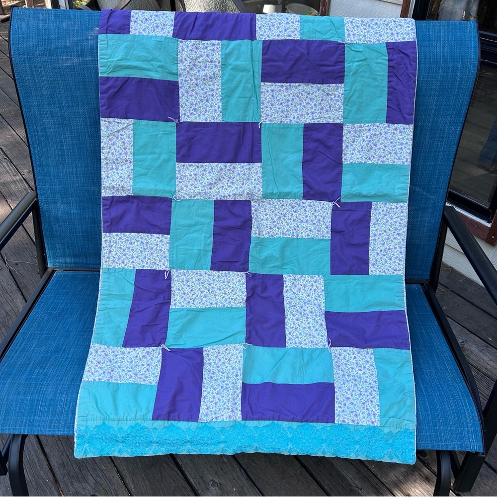 Vintage Handmade Patchwork Quilt Teal Purple Floral Lap Quilt Cottagecore Throw